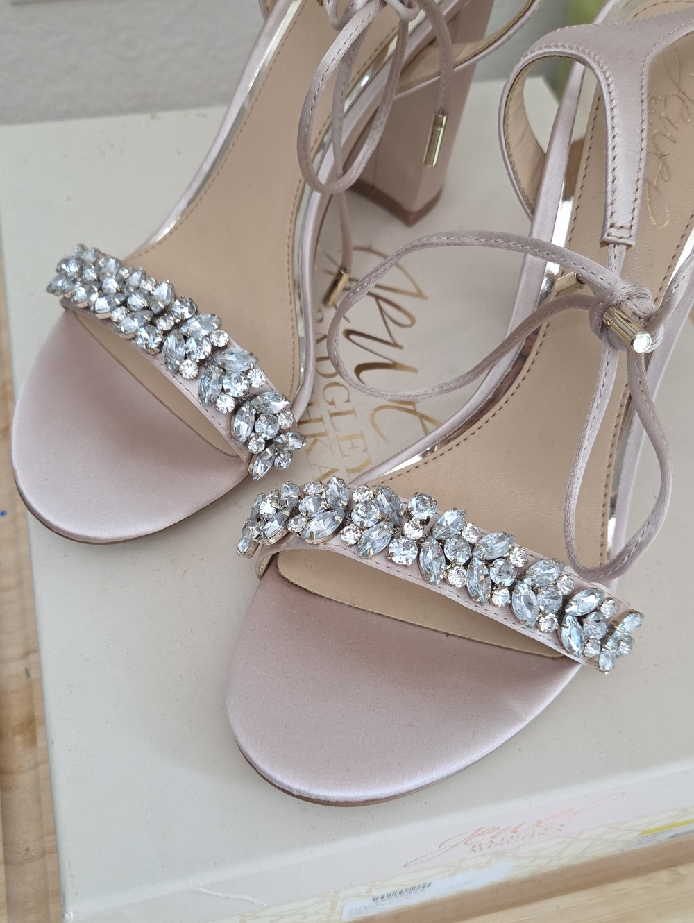 Badgley Mischka Blush Crystal-Embellished Strappy Heels